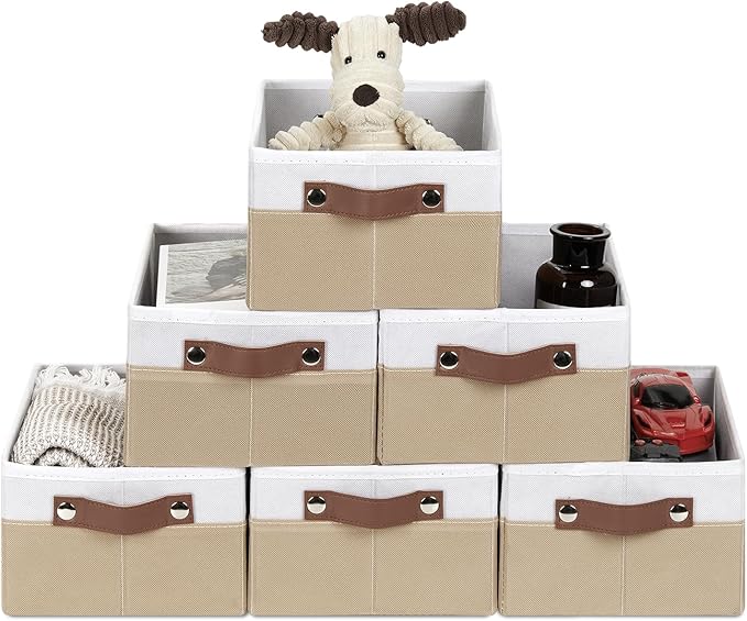 HNZIGE Collapsible Storage Bins, 6 PCS Fabric Small Storage Bins for Organizing Shelves, White&Beige, 11.8 x 7.8 x 5.1 inches