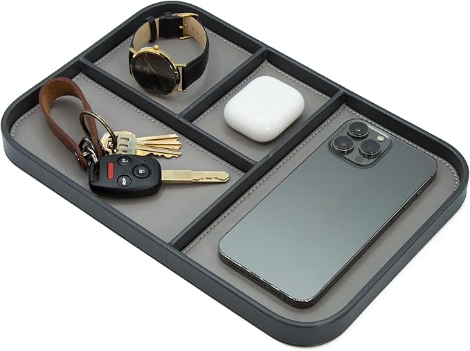 MUUJEE Leather Catchall Multitray (Design 2) - 11.65 x 7.75 x 0.8, Mountain Design Embossed Minimalist Wallet Tray for Men, Thoughtful Husband Gift, Desk EDC Organizer for Watch Keys Glasses, Gray