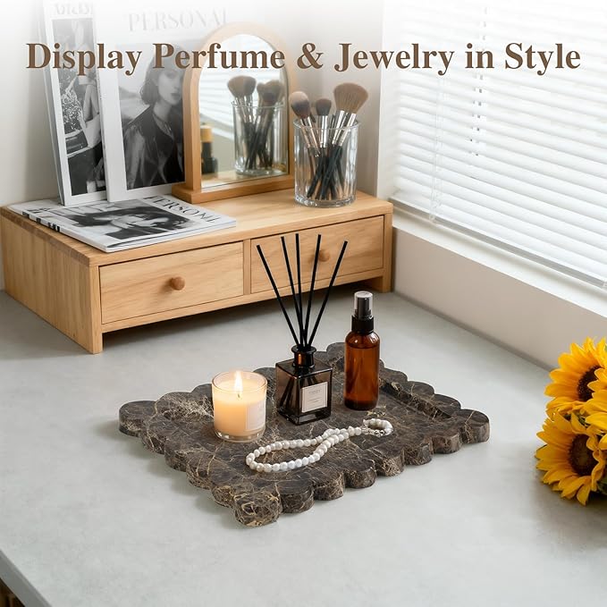 Rectangle Marble Tray with Scalloped Edge, Dark Brown Decorative Tray for Bathroom Vanity, Kitchen Counter, Dresser Top Organizer, Perfume Jewelry Holder, 11x8 Inch Natural Stone Home DÃ©cor