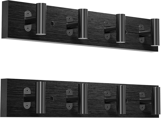 2 Pack Coat Rack Wall Mount, Black Coat Hooks Wall Mounted with 8 Metal Heavy Duty T Shaped Hooks, Pine Soild Wood Large Coat Hanger for Entryway, Living Room, Bathroom (32.3")