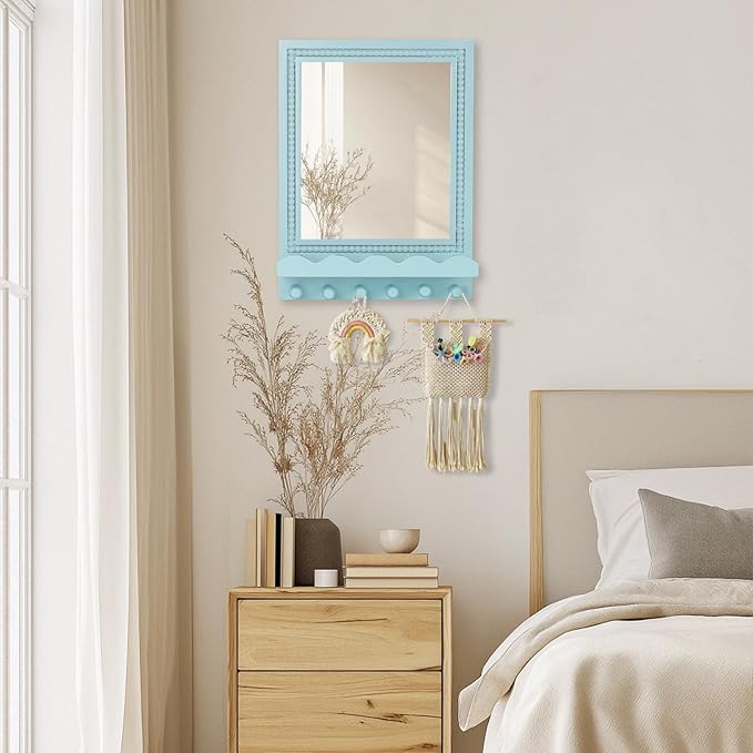 Tirzah 16x12 Inch Wall Mount Beaded Wood Framed Mirror with Shelf and 6 Hooks, Blue Decorative Entryway Mirror with Storage for Laundry Room, Bathroom, Bedroom