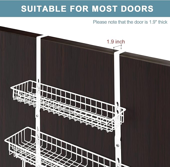 Over The Door Hanger with 2 Mesh Baskets 5 Hooks, Detachable Storage Organizer Rack for Coats, Hats, Handbags,Towels, Easy Install Metal Hanging Hook Rack Shelf, White