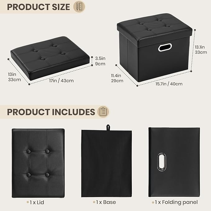 COSYLAND Ottoman with Storage Folding Leather Ottoman Footrest Foot Stool Black Ottoman for Room Small Rectangle Collapsible Bench Furniture with Handles Lid Toy Chest 17x13x13in