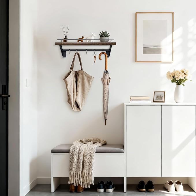 Coat Rack Wall Mount with Shelf - Natural Walnut Wall Shelf with Hooks, Entryway Floating Shelves with 5 Hooks and Metal Frame for Bags, Hats, Kitchen, Living Room, Bedroom