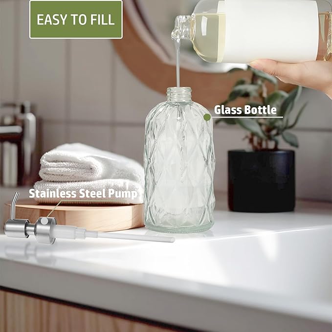 12Oz Clear Glass Soap Dispenser with Stainless Steel Pump, Diamond Design Refillable Kitchen Liquid Hand Soap Dispenser, for Dispense Hand soap, Dish Soap, Lotion, Bathroom, Countertop, Hotel