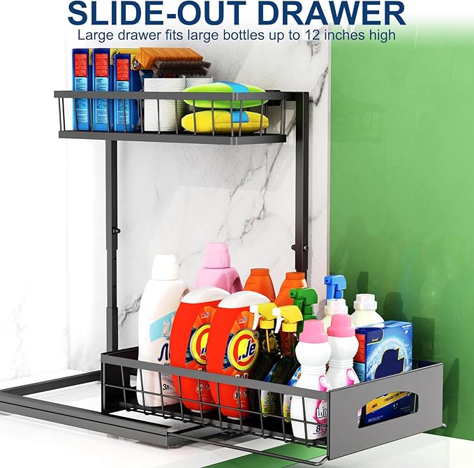 Under Sink Organizer, 2 Packs Height Adjustable Under Sink Storage, Pull Out Cabinet Storage Shelves, Slide Out Drawer for Kitchen Bathroom Pantry. (Black, 2 Pack)