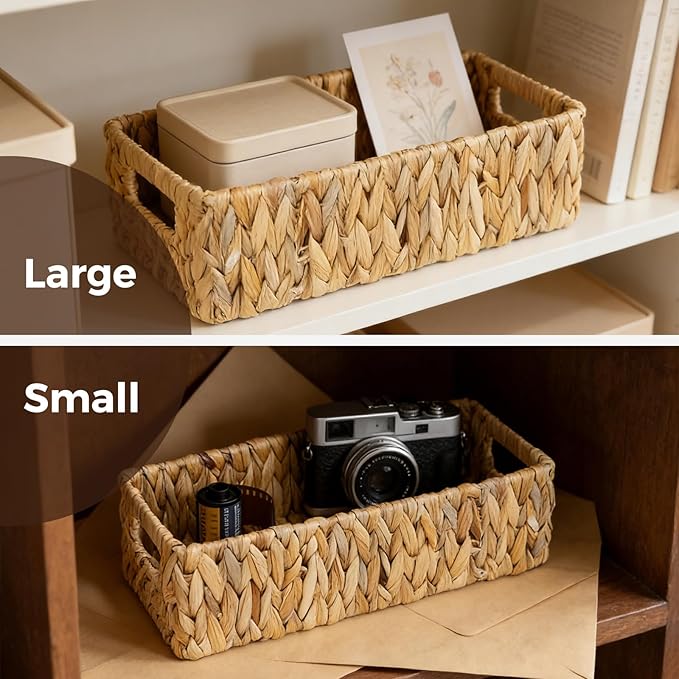 Toilet Paper Storage Basket for Bathroom, Water Hyacinth Toilet Tank Baskets Organizer, Wicker Small Basket Woven Long Narrow Baskets for Back of Toilet Both Storage&Decor, Set of 2