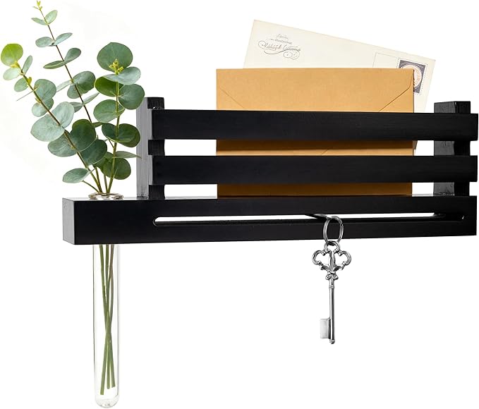 AELS Black Wall Mounted Key Holder with Acrylic Vase & Mail Organizer, Wooden Entryway Key Rack with 5.9" Test Tube Vase, Decorative Key Hanger with Slot for Keys and Letters, Gift Idea