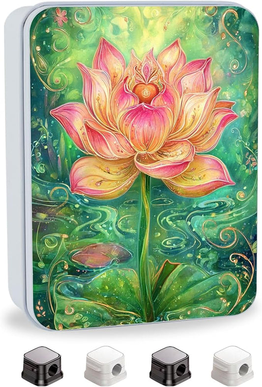 Metal Tin Box with Lid,Multi-functional Storage Large Box Can Store Tea Biscuits Game Cards, Playing & Tarot Cards-Comes with 4 Magnetic Cord Clips,Lotus Flower Art