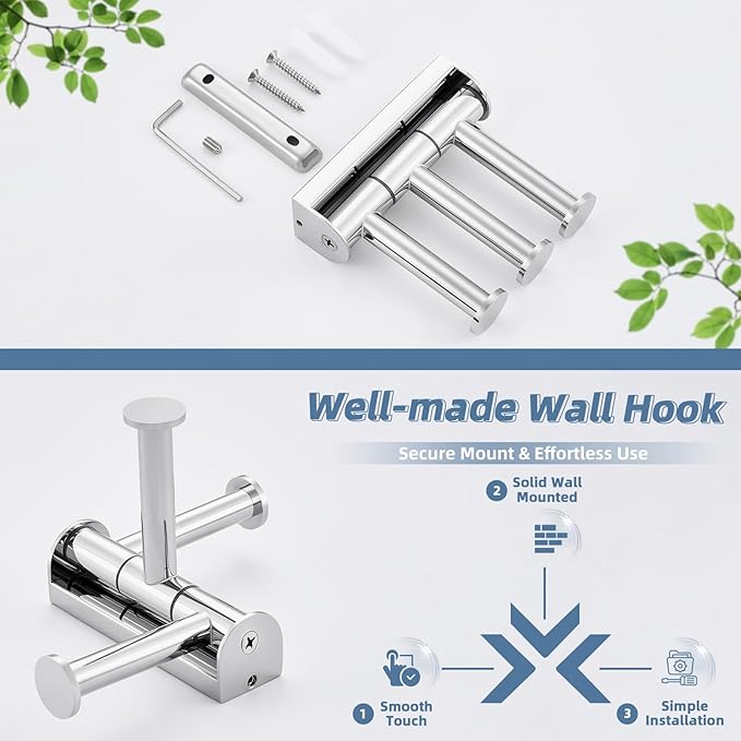 APLusee Triple Swivel Coat Hook, 304 Stainless Steel Polished Chrome Towel Hook for Bathroom with Multi 3 Arms, Wall Mounted