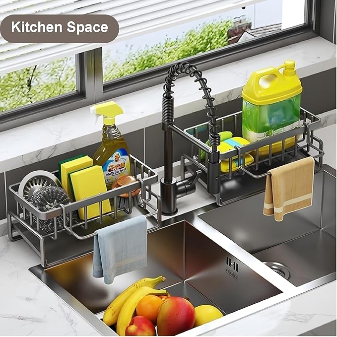 BREIS Sponge Holder for Kitchen Sink, Caddy Organizer with Rag Holder, Countertop Self-Draining Sponge Caddy, Rustproof Sink Storage Rack for Soap Dispenser Storage Accessories (Black)