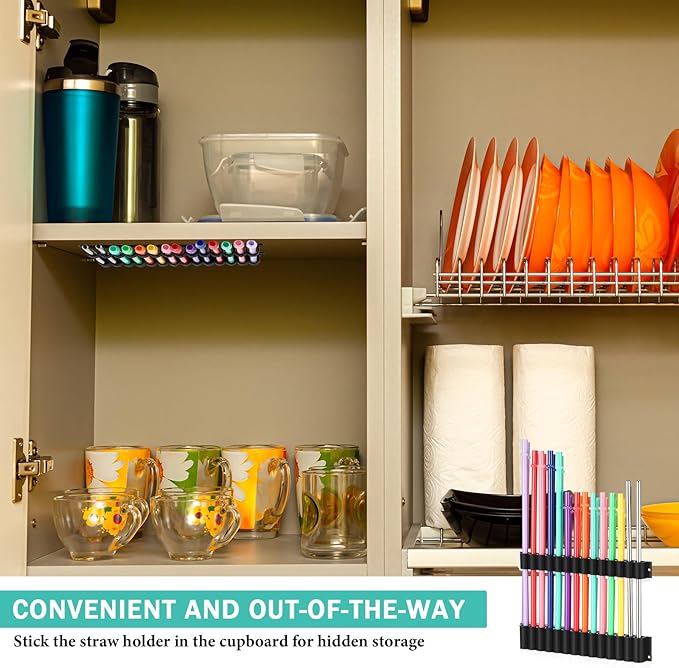 Baderke Straw Holder for Cabinet Reusable Straw Organizer with Double Sided Adhesive Tape Screws Storage Container for Kitchen Counter Cupboard(Black,Classic)