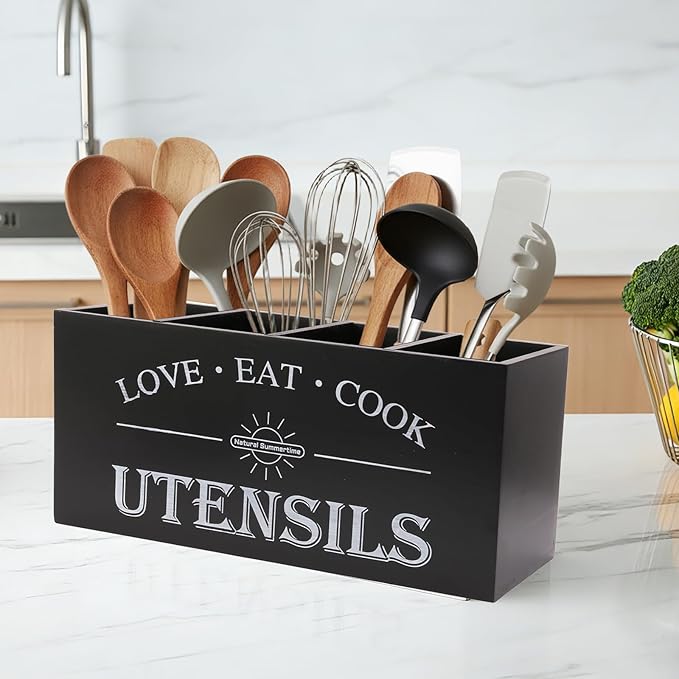 2 PC Wooden Utensil Holder,（With 4-Compartments size*1 + 3-Compartments size*1） Extra Large Kitchen Counter,Cooking Spatula Organizer,Farmhouse Decor, Rustic Cooking Utensil