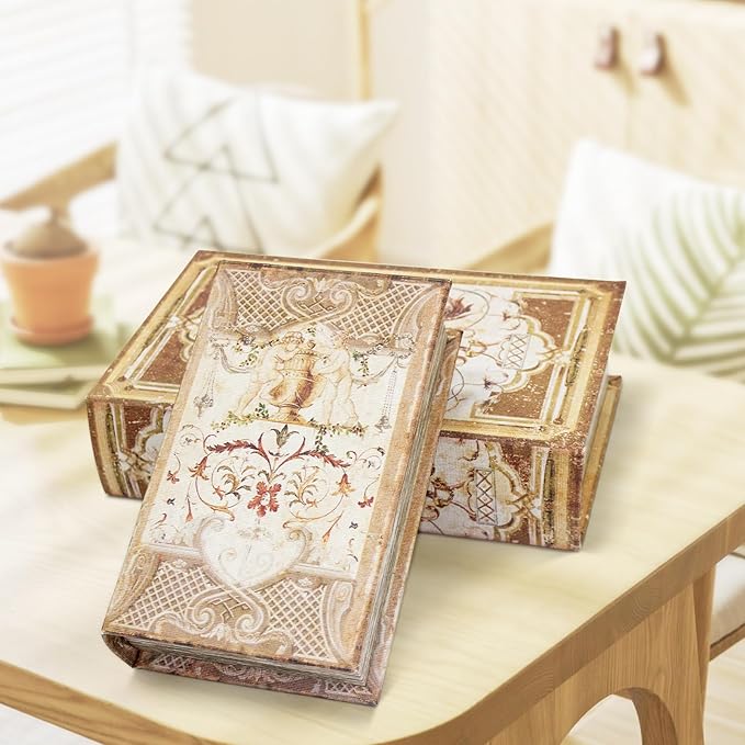Decorative Book Boxes Set,Magnetic Lock Faux Wooden Storage Book Box Set of 2,Coffee Table Books Decor Retro Style Fabric Cover,Hidden Storage Secret Keepsake,Jewelry Trinket,Cash