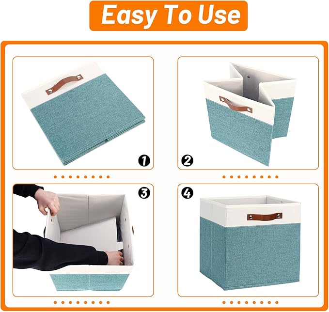 HNZIGE 13x13x13 Storage Cube Bins,4 PCS Fabric Storage Cube Bins for Organizing, Foldable Cube Storage Bins with Handles, Closet Storage Bins for Organizer Home, Office(White&Dark Green)