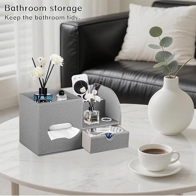 Fanousy Square Tissue Box Cover with Drawer Storage and Tray on Top, PU Leather Tissues Cube Boxes Holder, Modern Nightstand Organizer Caddy, Remote Control Holder for Bathroom, Bedside, Office, Home