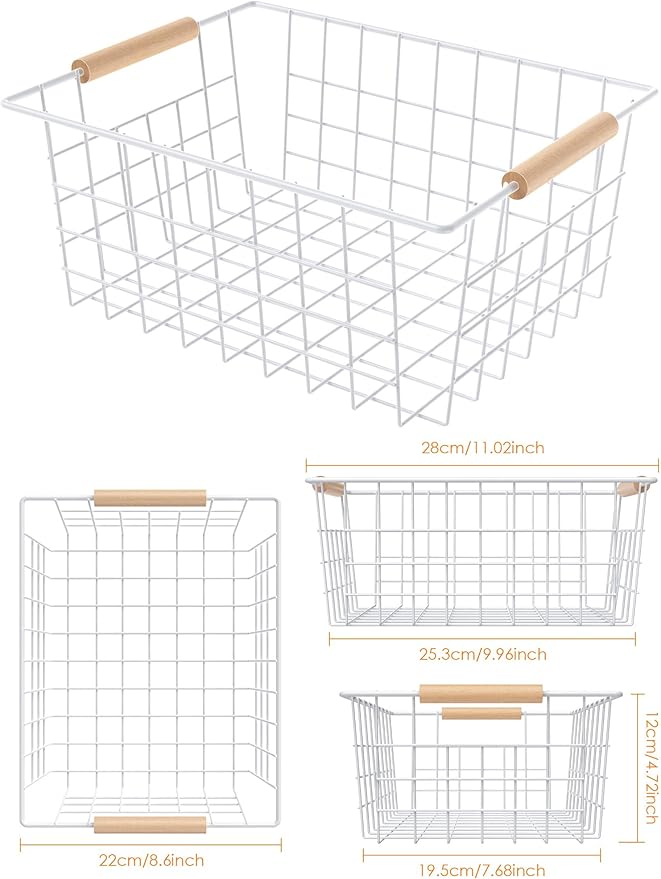 Wire Basket with Wooden Handle, Metal Utility Storage Basket for Organizing Kitchen Pantry Cabinets, Closet and Garage Shelves Drawers, Office Metal Basket Storage Organizer with Handle (White 4 Pack)