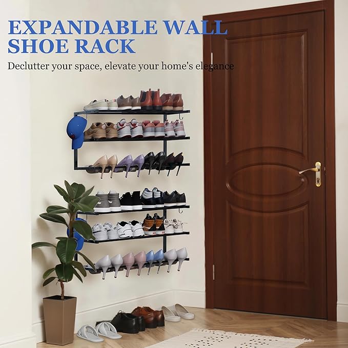 Wall Mounted Shoe Rack, 3 Tier Hanging Shoe Rack Holds 12 Pairs, 17"-30" Adjustable Heavy Duty Metal Shoe Organizer Holder with 2 Storage Hooks, Space Saving for Closet Entryway Doorway（Black