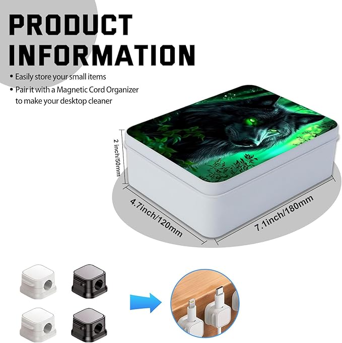 Metal Tin Box with Lid,Multi-functional Storage Large Box Can Store Tea Biscuits Game Cards, Playing & Tarot Cards-Comes with 4 Magnetic Cord Clips,Wolf with Glowing Green Eyes