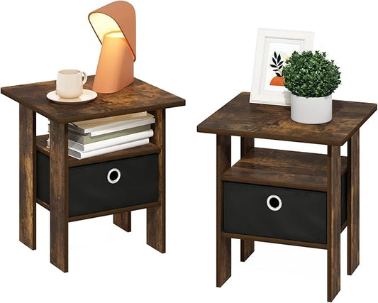 Furinno Andrey Side Table, Set of 2 End Table, Night Stand with Open Shelves and Storage Bin, Bedside Table, for Living Room, Bedroom, Amber Pine