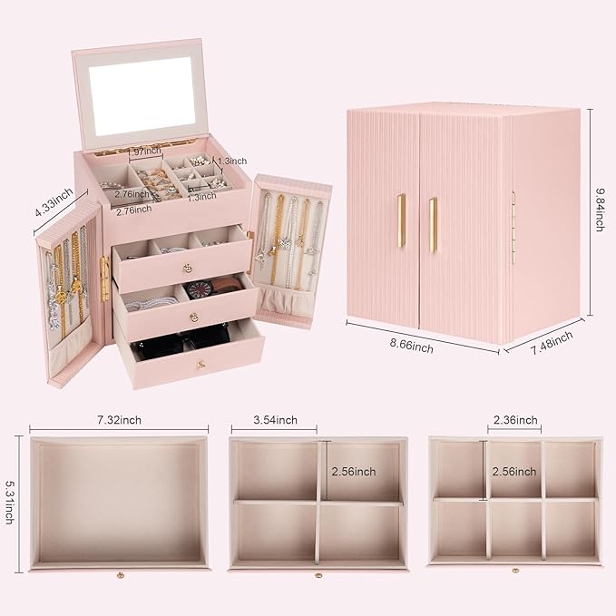 Dajasan Jewelry Box for Girls Women, 4-Tier Large Jewelry Organizer Box, Jewelry Storage Organizer, Jewelry Gift Box for Christmas, Valentine's Day, Birthday, Mother's Day (Pink)