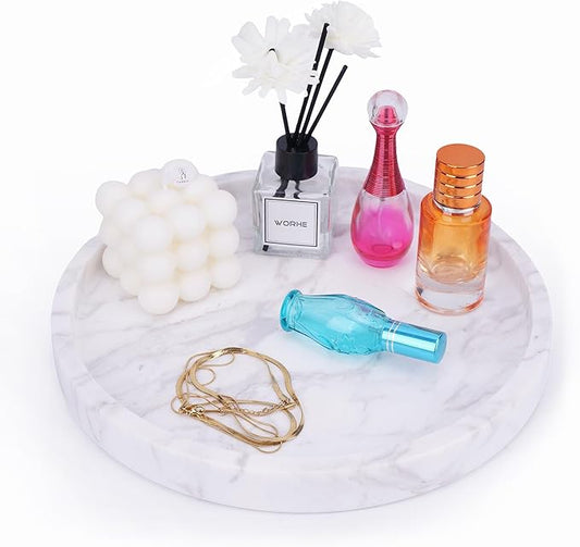 WORHE Natural Marble Decorative Tray for Bathroom Bedroom Kitchen Dresser, Large 10.6" Round Vanity Trays for Jewelry, Perfume, Cosmetic, Candle, Countertop Storage Organizer for Home Decor (WH037)