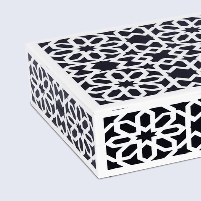 Handicrafts Home Decorative Storage Box with Lid – Black White Islamic Floral Geometry Remote Control Box, Slim Persian Mosaic Storage Box for Shelf, Desk & Living Room Decor – Shiraz 8 x 6 x 1.5