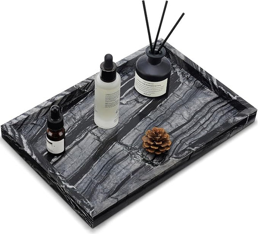 Real Natural Marble Tray for Bathroom, Vanity, Kitchen and Desktop, Rectangle Genuine Marble Stone Tray for Jewelry, Cosmetics, Candles, Lotion, Perfume and Home Decor Wood Grain