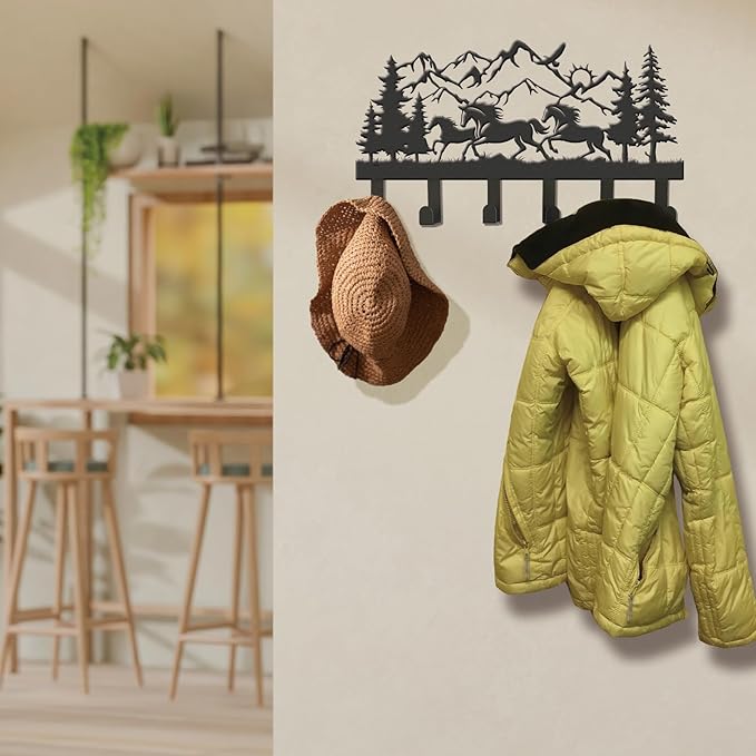 Metal Black Coat Hooks Wall Mount and Coat Rack Hanger for Hanging and Storage Ideal for Living Room, Hallway, Office, Backpack, Bags, Towel, Clothes and Hat (Horse)