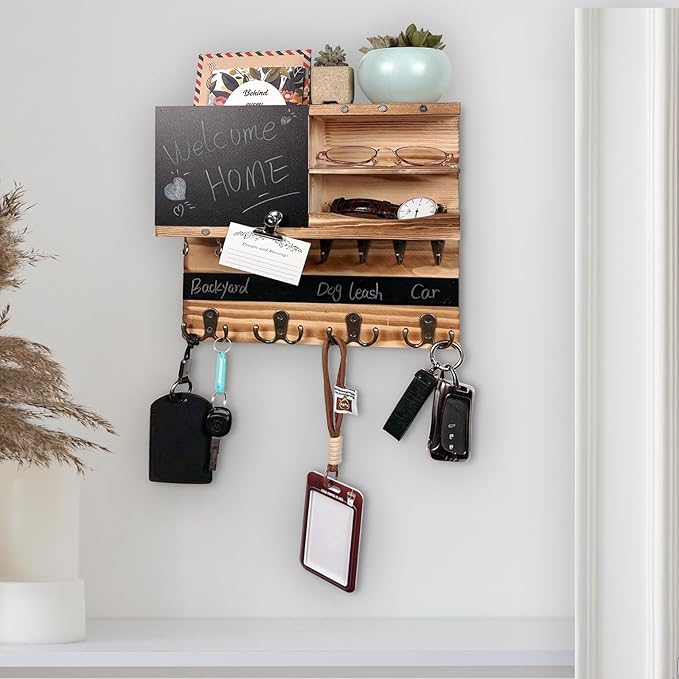Key Holder for Wall Mounted Keys and Mail Holder Decorative Farmhouse Organizer Wall Hanger with Hooks Small Key Shelf for Home Entryway Hallway Bedroom Decor New Home Gift