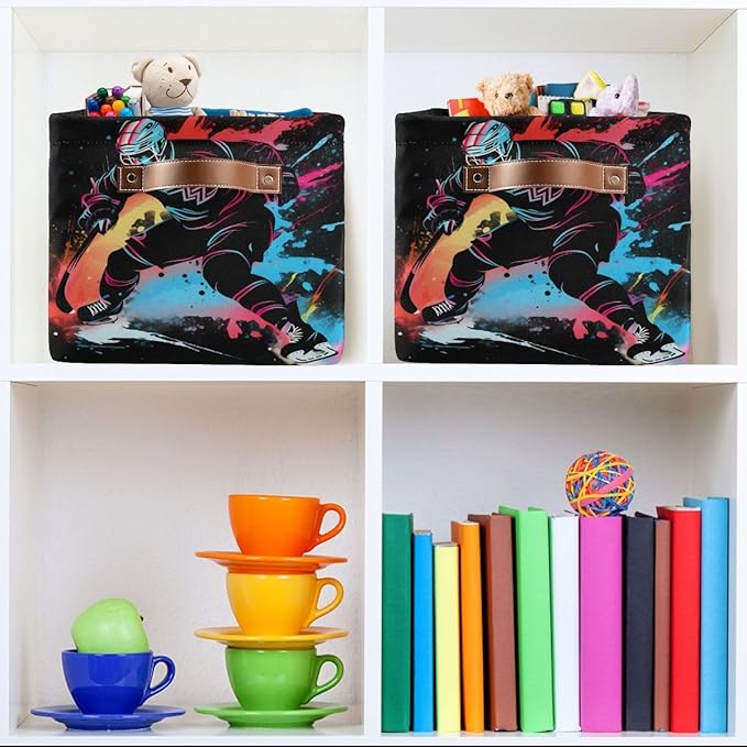 Storage Basket Colorful Abstract Ice Hockey Player Durable Canvas Collapsible Toy Box Organizer Bin with Handles for Shelf Closet Bedroom Home Office