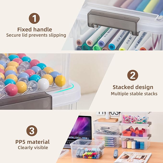 Small Storage Bins with Lids 3.2 QT- 8 Packs Plastic Storage Containers for Organizing Stackable Clear Storage Boxes,Clear White