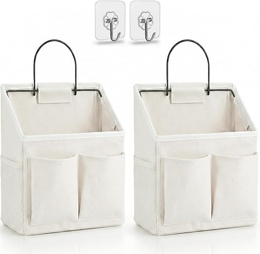 2pcs Wall Hanging Organizer Bag, Linen Fabric Door Hanging Storage Basket with Pockets, Waterproof Bin for Kitchen, Bedroom, Office, RV Camper (White-Upgraded)