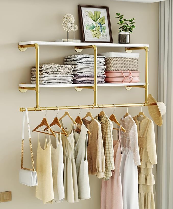 MAIKAILUN Industrial Pipe Clothes Rack Gold with Wood Shelf, 52" Long Wall Mounted Clothing Rack with Hanging Rod for Laundry Room, Heavy Duty Pipe Shelves, Closet Storage, Retail Boutique Display