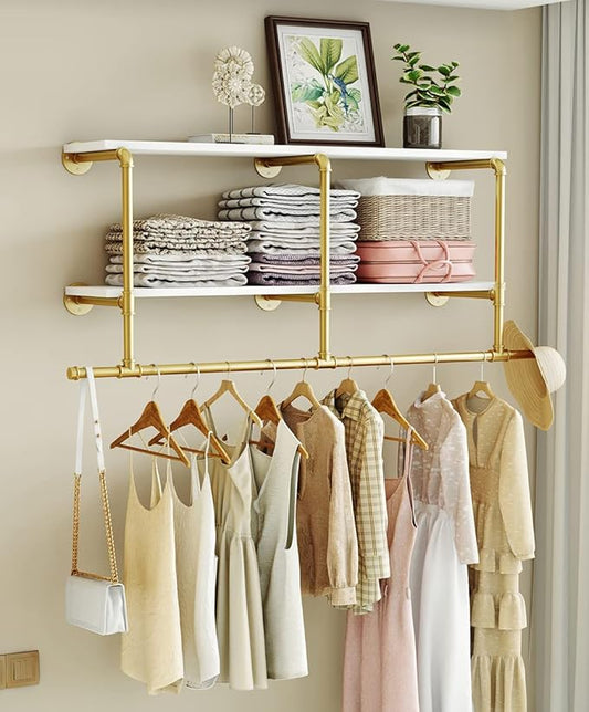 MAIKAILUN Industrial Pipe Clothes Rack Gold with Wood Shelf, 52" Long Wall Mounted Clothing Rack with Hanging Rod for Laundry Room, Heavy Duty Pipe Shelves, Closet Storage, Retail Boutique Display