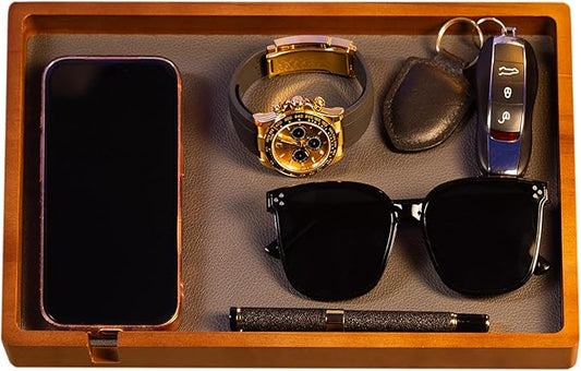 Shinpuru Wooden Valet Tray with Leather Inlay - Nightstand & Desk Organizer - EDC Essentials Catchall Tray for Keys, Phone, Wallet, Watch, Earbuds - Stylish Storage (Wood-Full)