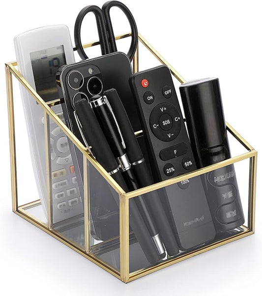 Sumnacon Glass Remote Control Holder, Gorgeous Remote Control Holder Caddy with 3 Compartments,Remote Control Storage Organizer Caddies for Table, Bedroom,Living Room, Hotel and Office