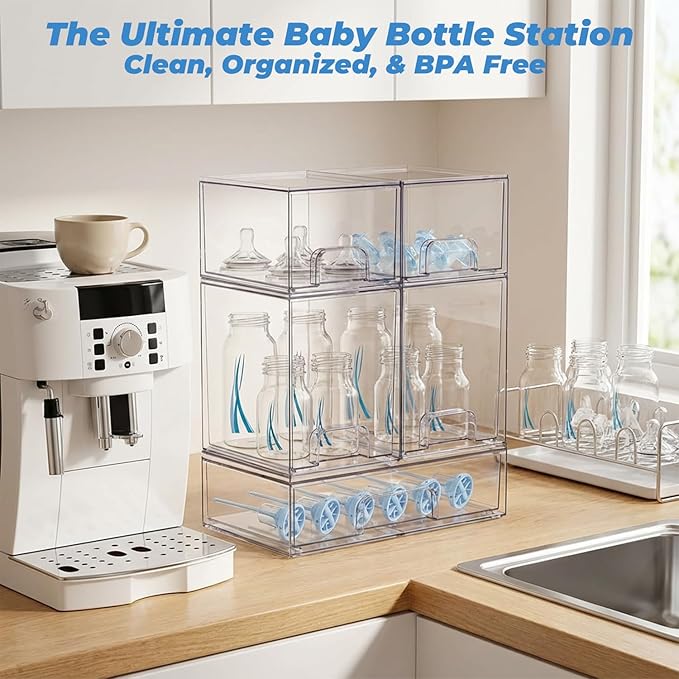 Baby Bottle Organizer, 5 Pack Stackable Storage Dust-proof Drawers, Clear Plastic Bottle Station Organizer for Countertop & Cabinet, Pacifier and Diaper Container for Nursery