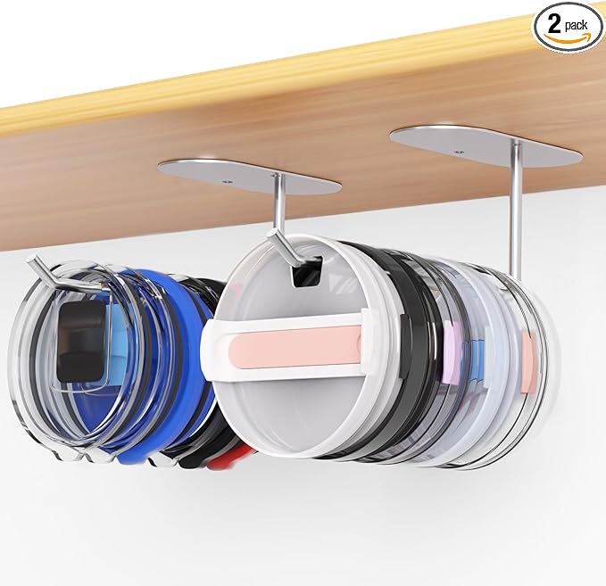 2 Pack Tumbler Lid Organizer, Space Saving Cup Lid Organizer for Yeti/Stanley/Simple Modern Tumbler Lids, Self-Adhesive or Drilling Tumbler Lid Hook for Kitchen Organizers and Storage