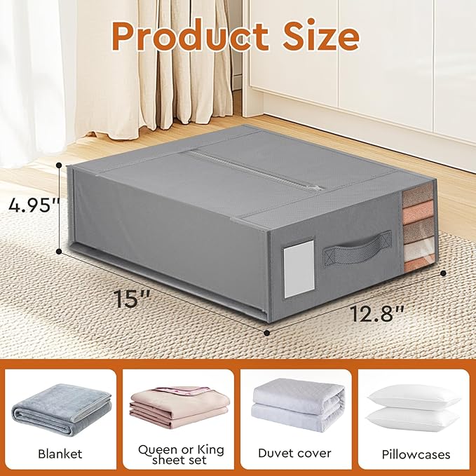 8 Pack Bed Sheet Closet Organizers and Storage,Sturdy Foldable Storage Containers with Window and Label,Storage and Organization for Bedding Sheets,Duvet Covers,Blankets (Grey)