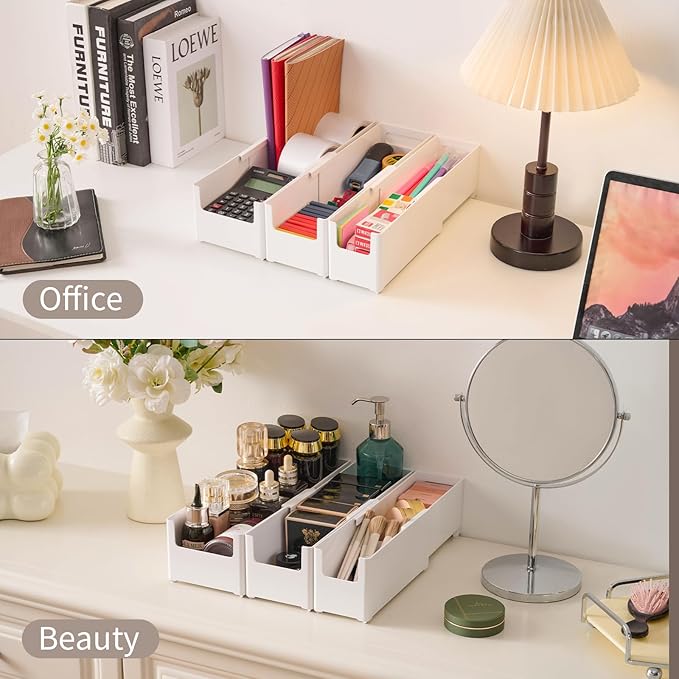 Adjustable Storage Bins for Home and Kitchen, Deep Stackable 3 Pieces Different Sizes Organizing Boxs for Cabinet Pantry Closet Refrigerator and Cupboard in White Plastic，WH-AD-White-Set-3PC