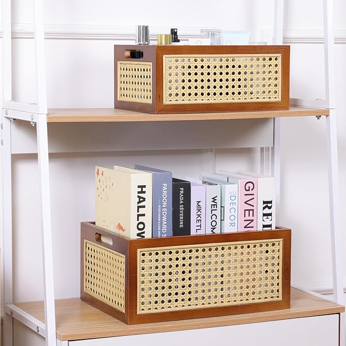 Rattan Storage Basket Set of 2 Handmade Natural Bamboo Woven Storage Bin for Organizing Decorative Wicker Box for Rustic Farmhouse Decor Home Office Tabletop Shelf Organizer