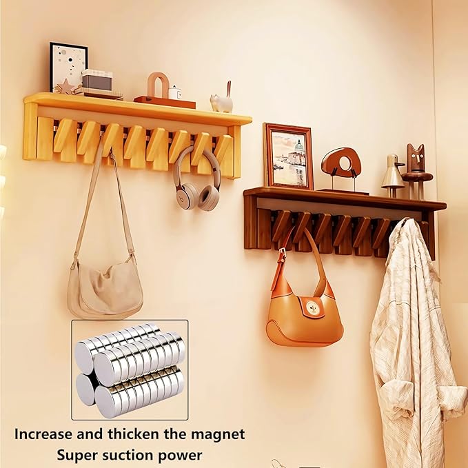 Wall Mounted Coat RackHooks Piano Key Hangers Natural Solid Wood Hanger Non-Woven Fabric Clothes Hangers for Closet, Kitchen, Bedroom, Bathroom, Entryway (Tray-Beech, 8 Hooks)