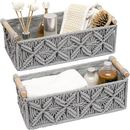 Macrame Storage Basket Boho Decor Baskets for Organizing Woven Decorative for Countertop Toilet Paper Basket for Tank Top for Home Decor Bedroom Nursery Livingroom Entryway (Set of 2,Grey)