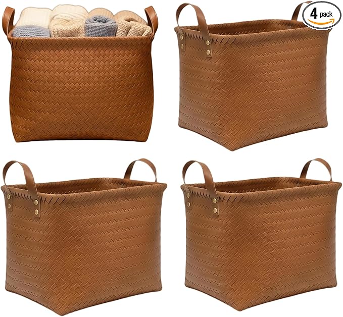 Storage Baskets 4-Pack - Woven Laundry Basket Organizer, 15x11x11Inch Open Hamper Bins for Clothes Blanket Storage,Shelf Closet Organization, 25L Handwoven Rattan Baskets for Home Decor