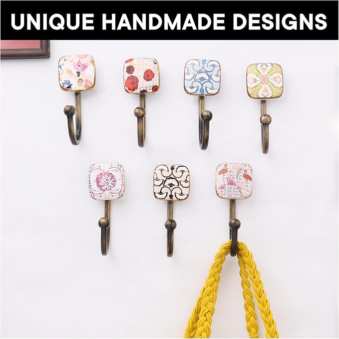 Indian Shelf Pack of 6 Multicolor Square Ceramic Kids Room Wall Hooks - Maximum Weight Capacity: 5 lbs Each - Perfect for Coats, Keys, and More