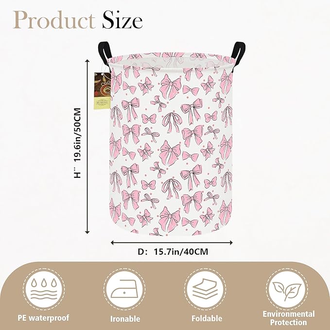 HUNRUNG Laundry Hamper,Large Canvas Fabric Lightweight Storage Basket Toy Organizer Dirty Clothes Collapsible Waterproof for College Dormsï¼Round-Pink Bowï¼