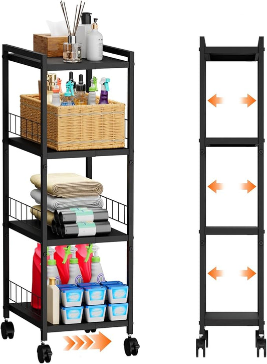 Expandable Slim Storage Cart with Wheels, 4 Tier Narrow Metal Rolling Utility Cart Organizer Adjustable Open Floor Shelf Unit for Small Spaces Bathroom Laundry Room Kitchen