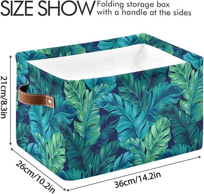 Bolaz Large Storage Basket Turquoise Tropical Leaves Green Foldable Storage Box Organizer Bins with Handles for Bedroom Home Office