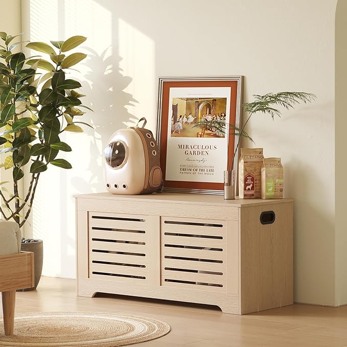 DINZI LVJ Storage Chest, 43.3âWooden Storage Box with 2 Safety Hinges, Entryway Shoe Bench with Flip-Top, Farmhouse Style Trunk for Living Room, Bedroom, Play Room, Easy Assembly, Natural
